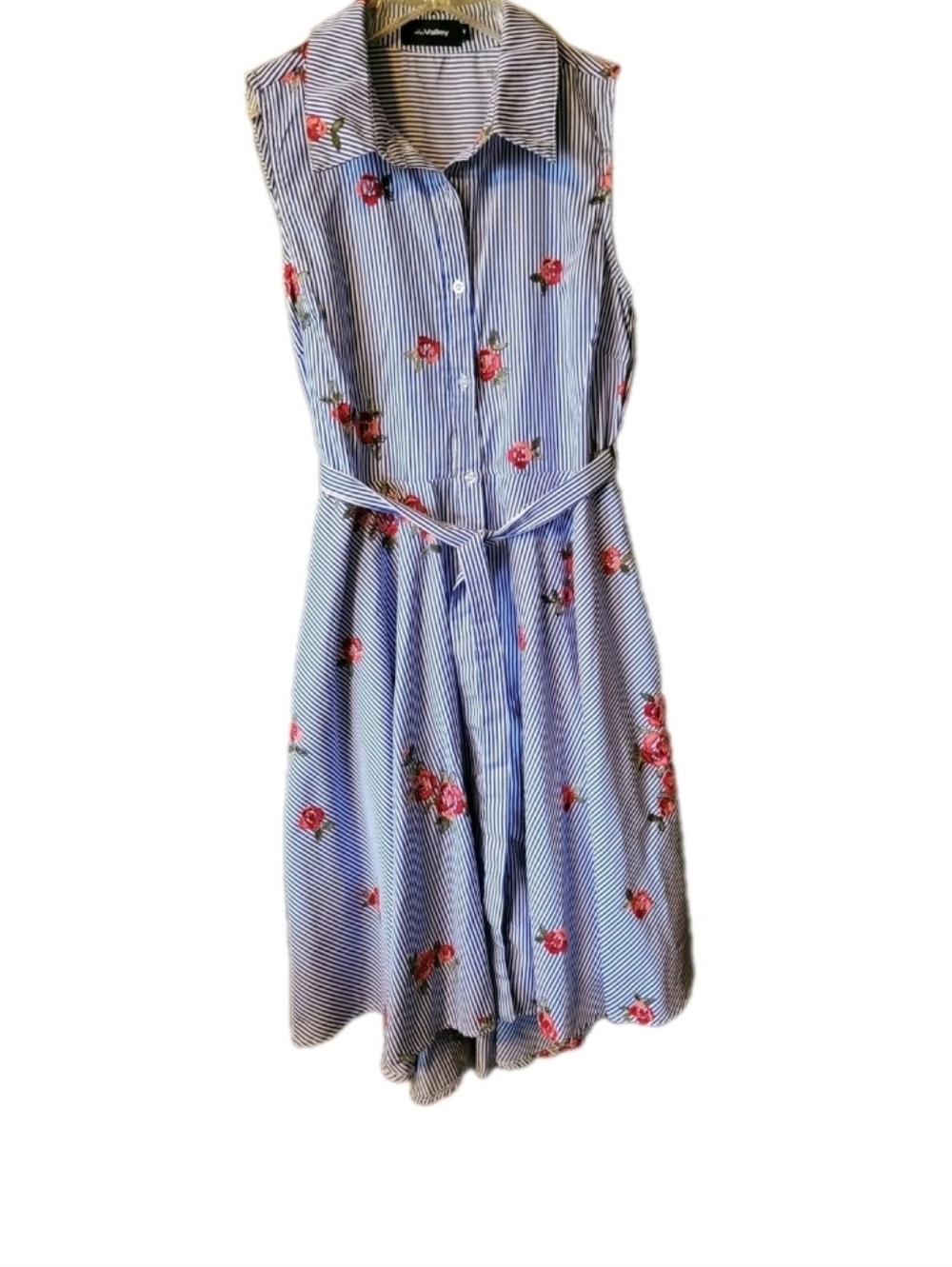 Blue Striped Sleeveless Shirt Dress Sz 6 Rose Embroidery Clean Girl Soft Girl - Picture 3 of 5